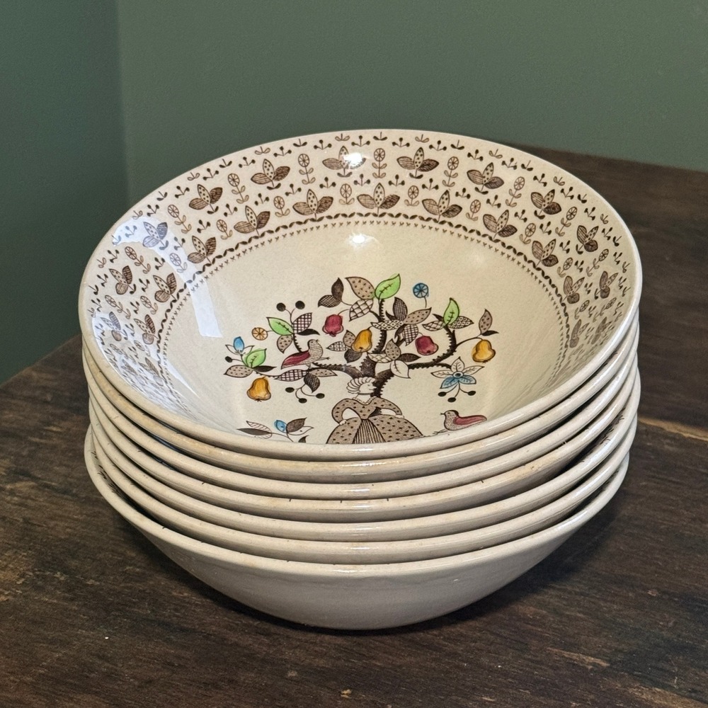 Johnson Brothers Sugar and Spice Ironstone Bowls Set of 7 Folk Art Tree of Life
